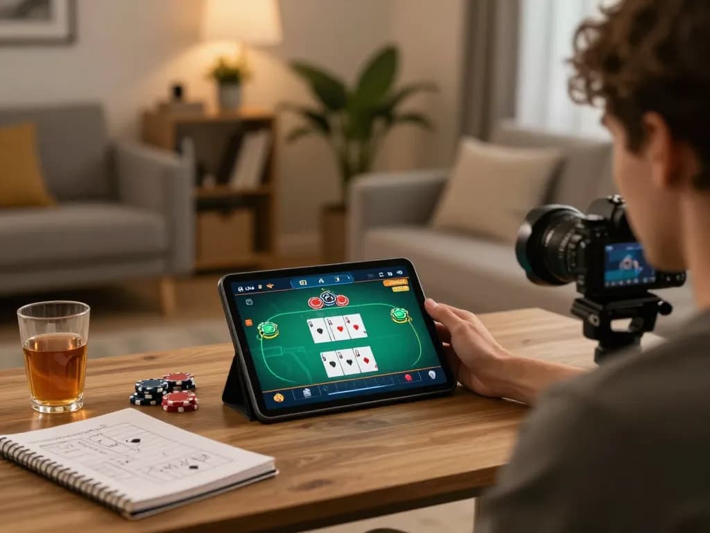 Player enjoying online games at nhà cái okfun with a tablet in a cozy home setting.