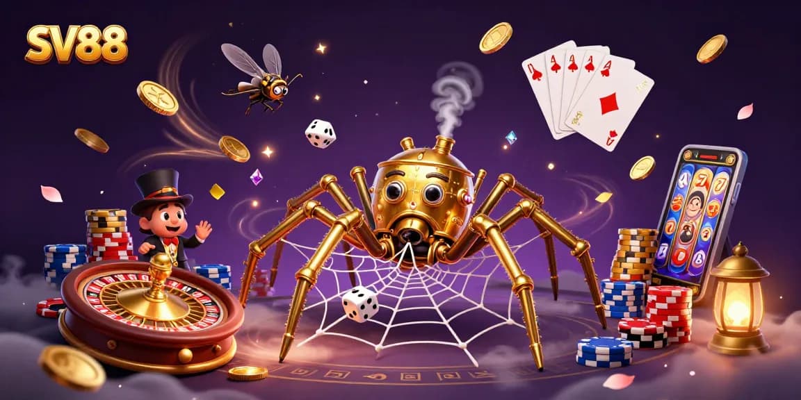 Engage with SV88 as a whimsical steampunk golden spider catches dice in a captivating casino scene.