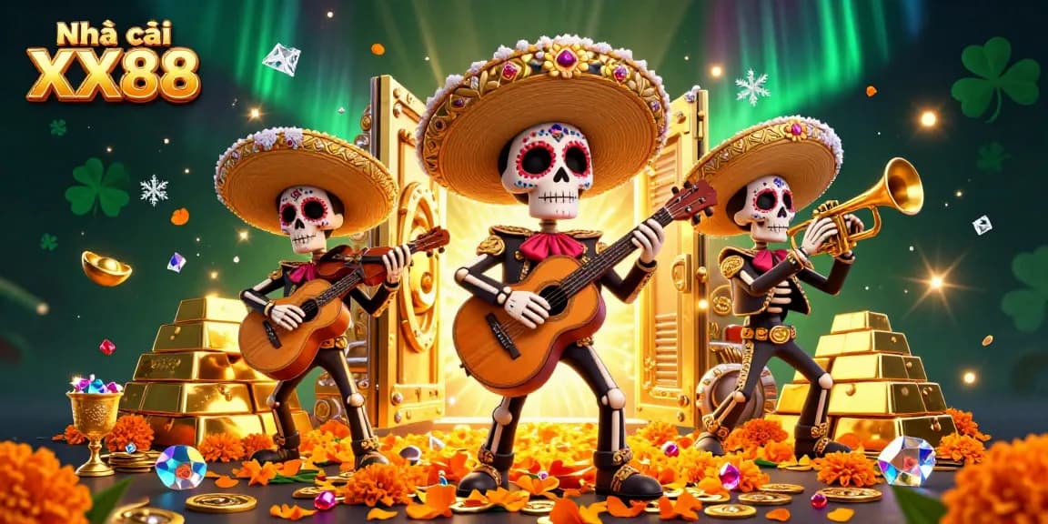 Experience the thrill of Nhà cái XX88 with vibrant wrestlers and treasures in a lively mariachi scene.