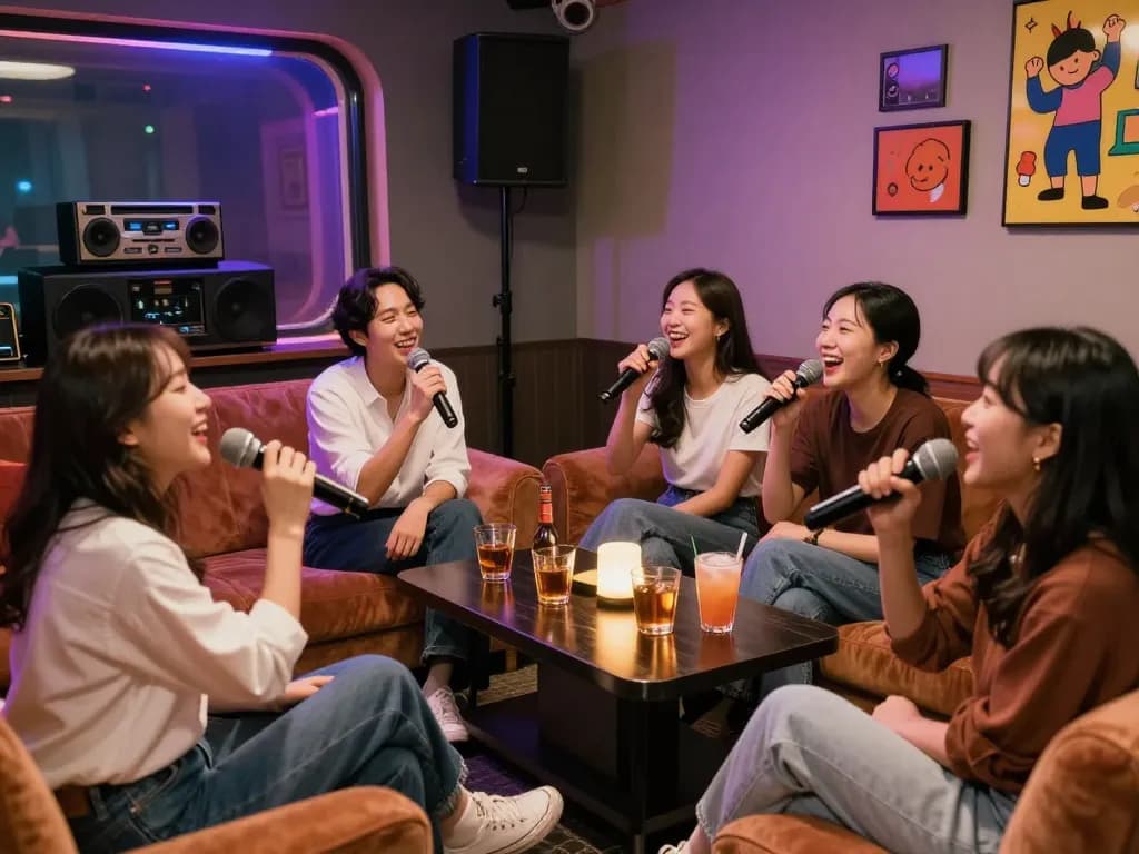 활기찬 프라이빗 룸 분위기에서 친구들과 서구청쓰리노 노래방 밤을 즐기고 있습니다.