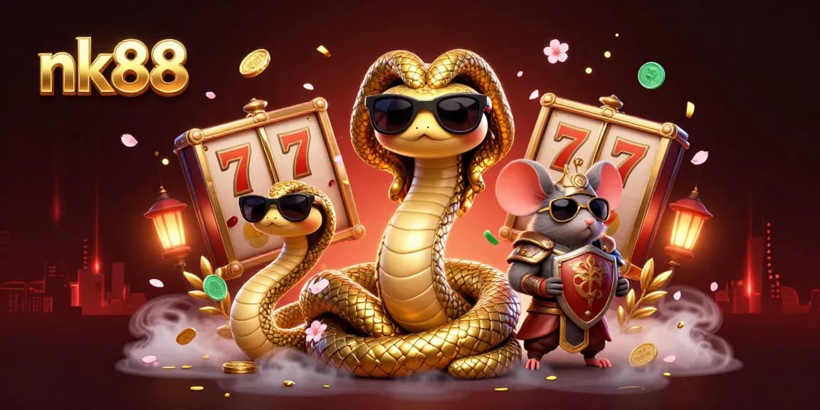 Play exciting slot games with nk88 featuring a cute Medusa and warrior mouse in a vibrant atmosphere.