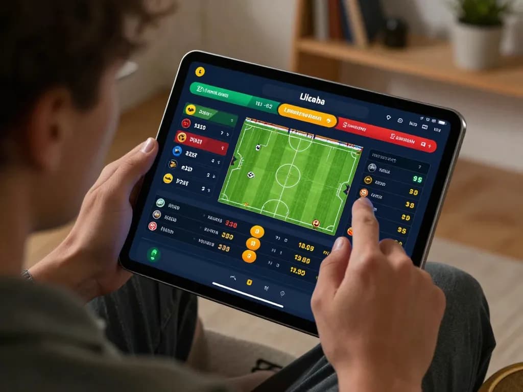 Engaging online gambling scene showcasing ty le keo nha cai on a tablet during a live betting session.
