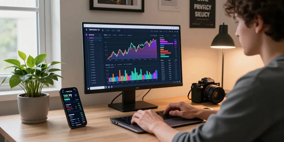 Engaged user exploring libertyswap on laptop in a stylish home office.