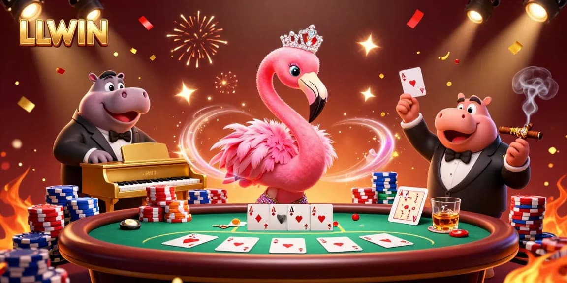 Engage with LLWIN's vibrant casino scene featuring a glamorous flamingo singer and hippo bassist.