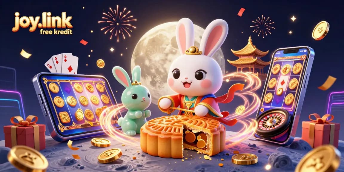 Experience joy.link free kredit while enjoying a vivid casino illustration filled with exciting game elements and characters.