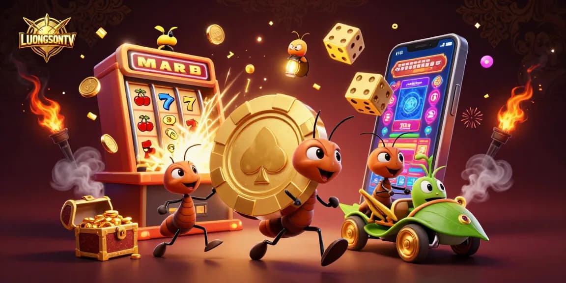 LUONGSONTV showcases ants executing a heist with a giant poker chip amidst vibrant casino elements.
