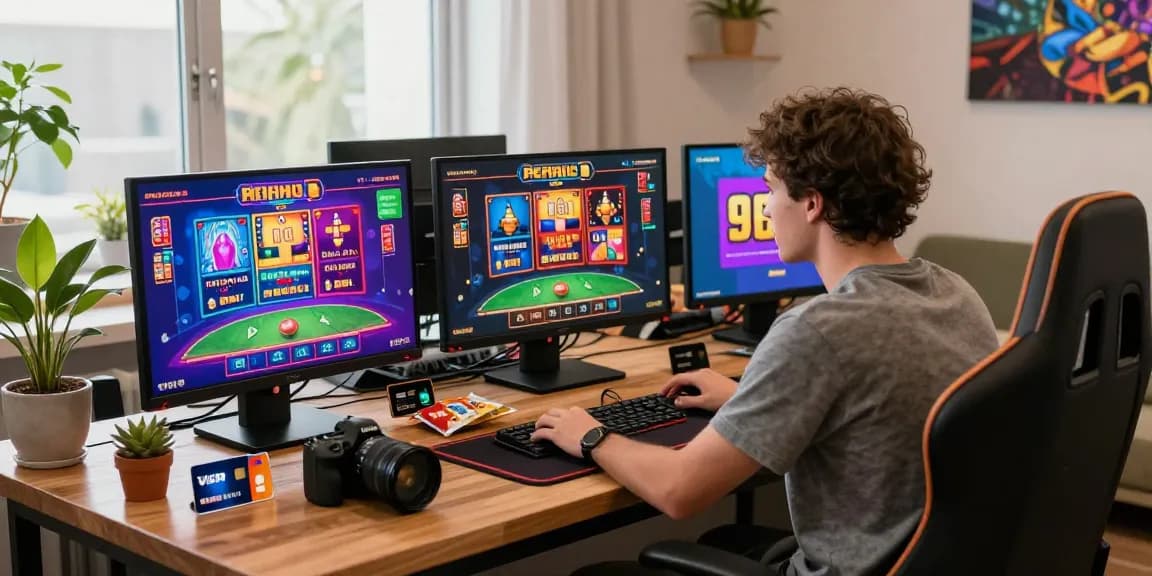Engaging online casino scene at https://troyuk.co.uk with player enjoying live dealer games on multiple screens and credit card options.