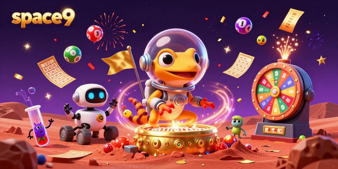 Experience space9 with a Martian gecko discovering a golden casino under Mars sand, surrounded by festive gaming elements.