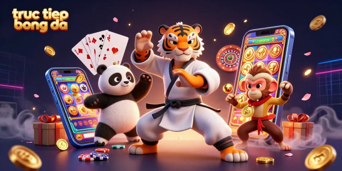 Engaging scene of truc tiep bong da featuring a kung fu tiger and friends amidst vibrant casino elements.