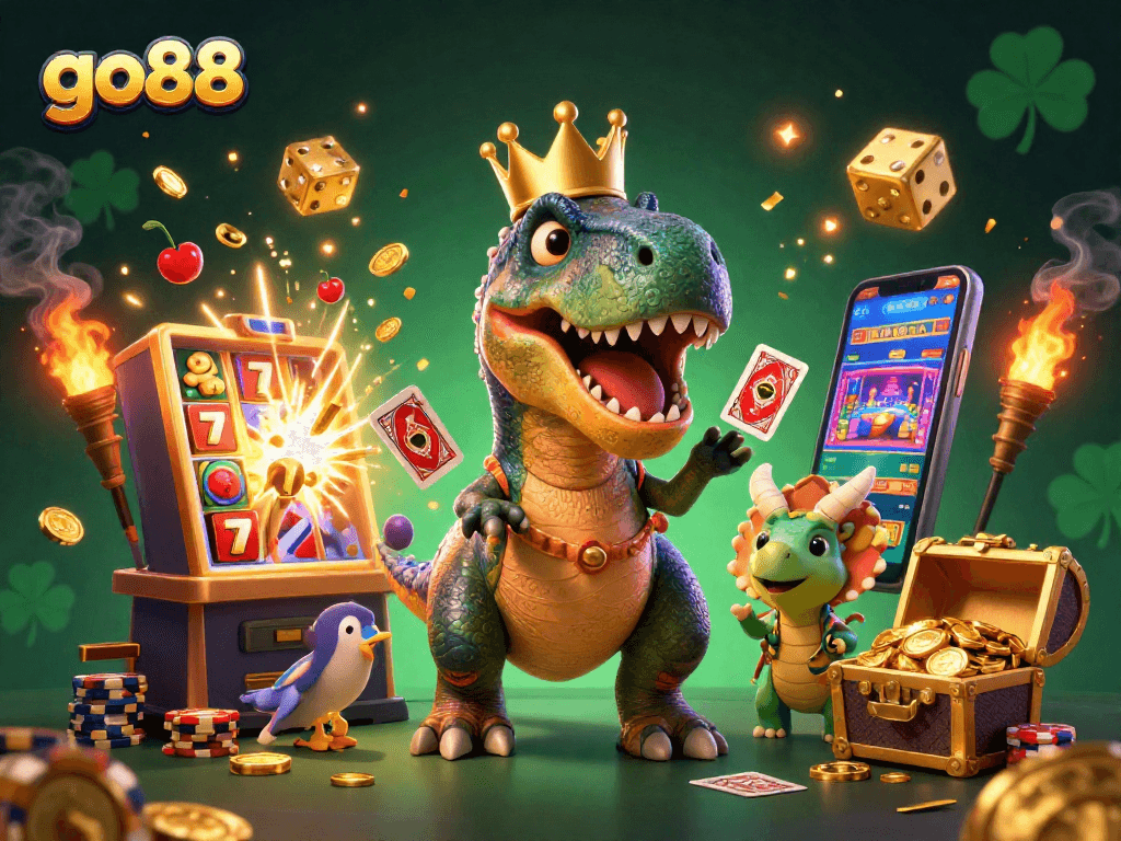Engaging go88 illustration depicting a T-Rex card-shuffling, with casino-themed elements like chips and slot machines.
