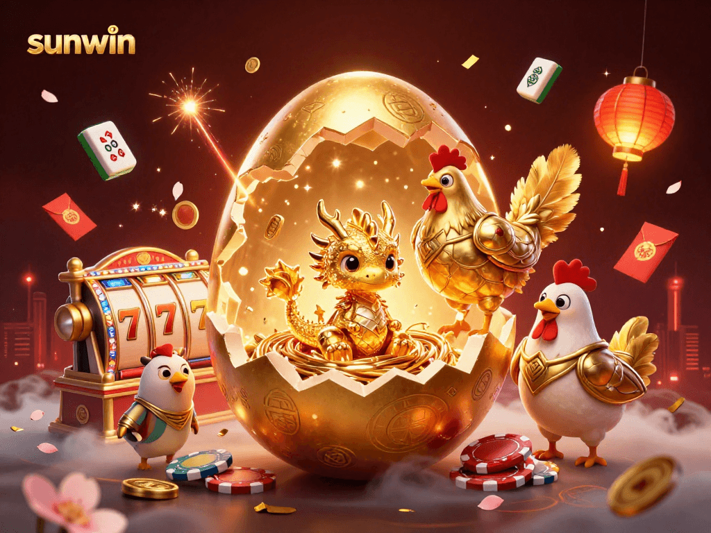 Engage in thrilling slots action at Sunwin with golden dragons, poker chips, and festive elements.