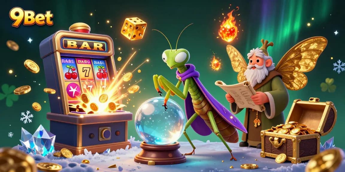 9Bet-themed illustration with a fortune teller and mystical elements, highlighting casino excitement and gameplay.