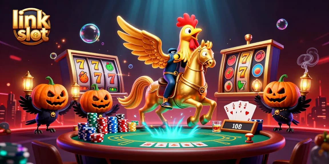 Mengakses link slot dengan semangat, simbol jackpot, dan berbagai permainan kasino yang melimpah dalam ilustrasi grafis yang memikat.