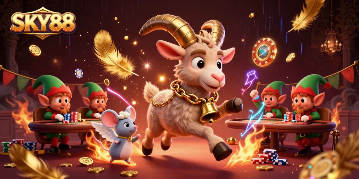 Engage with SKY88's lively casino atmosphere featuring animated characters in a festive scene.