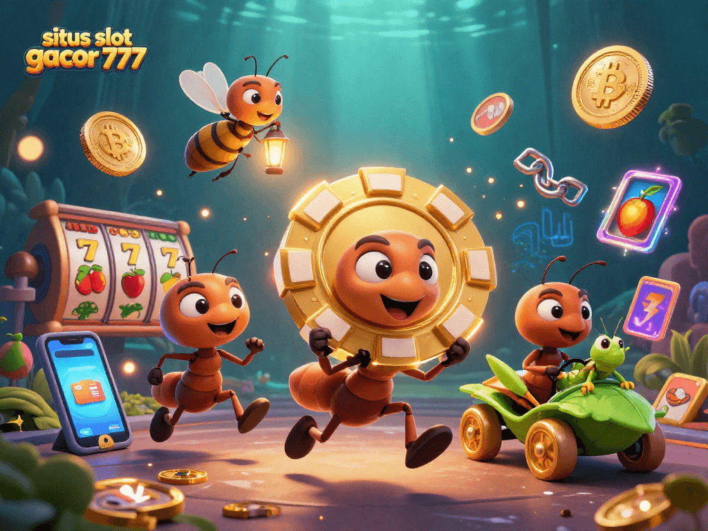 Engage with situs slot gacor 777 by witnessing ants carrying a golden poker chip amidst vibrant casino elements.