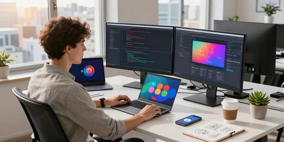 Developer in a tech workspace with code on screens and Telegram open, highlighting teiegramin.com.