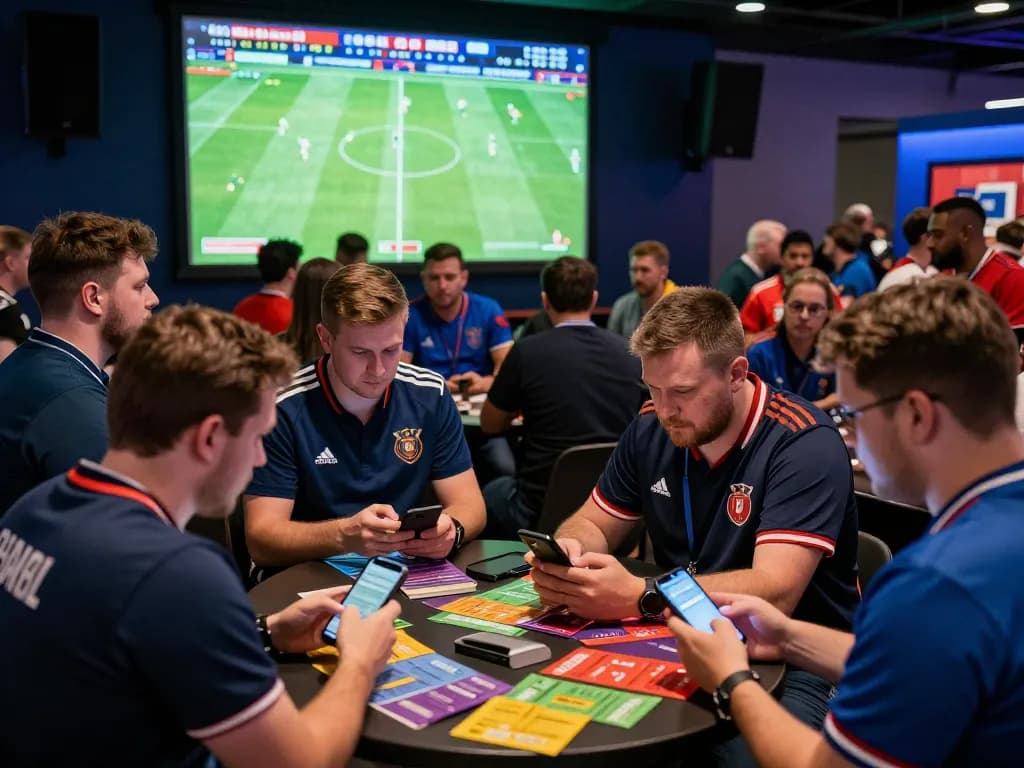Engaged sports bettors analyzing odds on keonhacai app during live match.