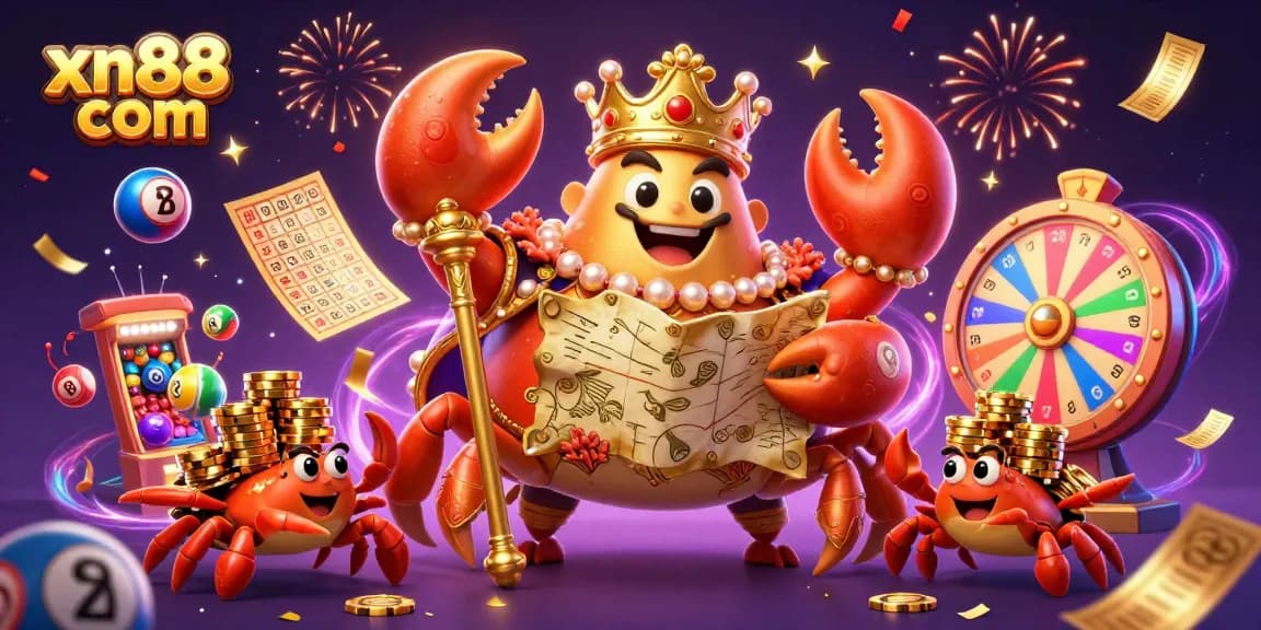 Engage with winning strategies at xn88 com, featuring a golden crab emperor in a vibrant casino celebration.