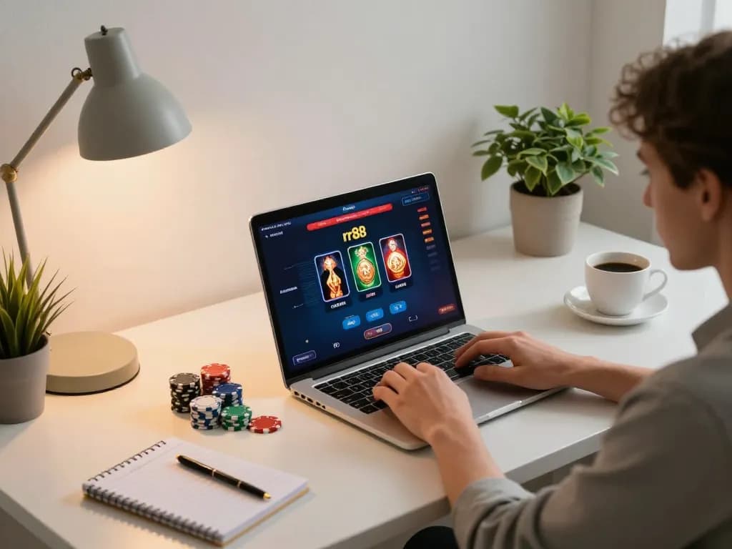 Enjoying rr88 online casino gaming on a laptop with chips and strategy notes in a cozy home office
