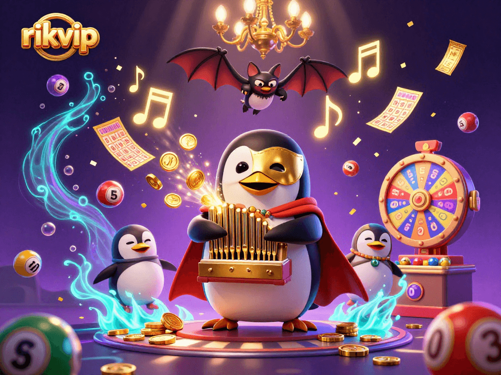 Engage with rikvip's thrilling casino scene featuring a penguin organist and dynamic lottery elements.
