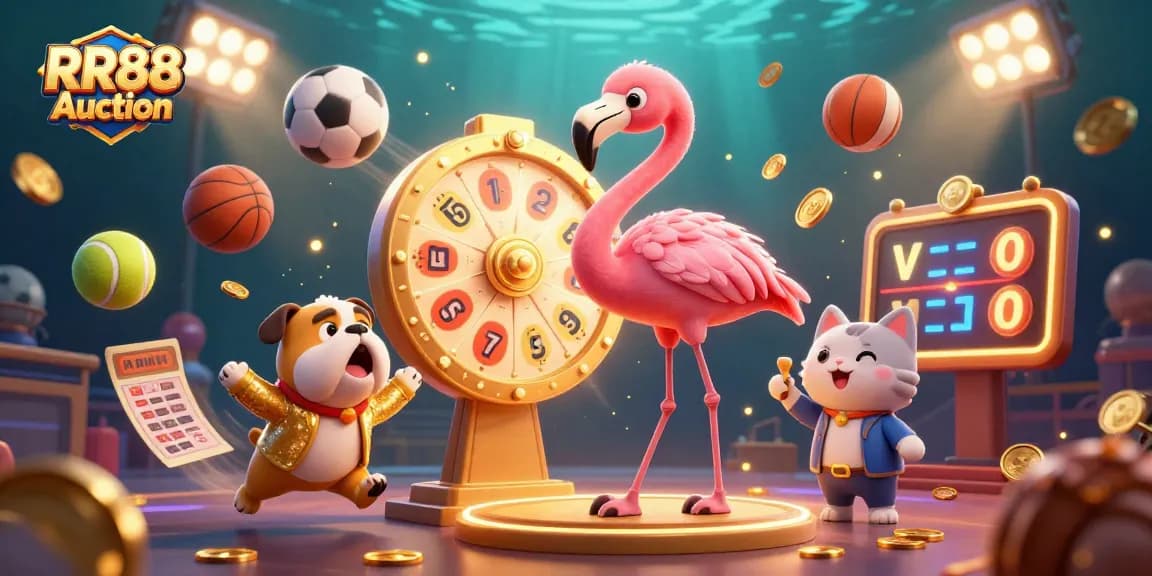 Engaging RR88 Auction scene with a flamingo host, excited bulldog contestant, and scoreboard cat assistant amidst dynamic sports elements.