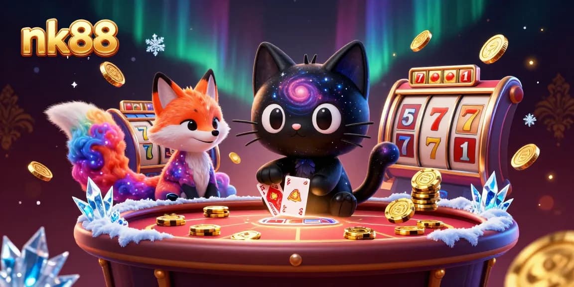 Play at nk88's dynamic cosmic casino, animated with vibrant slot game elements and captivating characters.