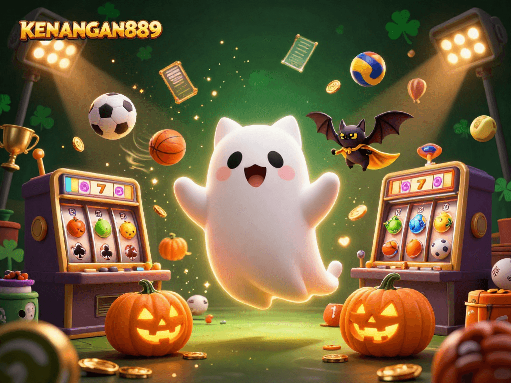 Experience KENANGAN889's captivating slots in a haunted casino scene with a friendly ghost cat and vampire bat.