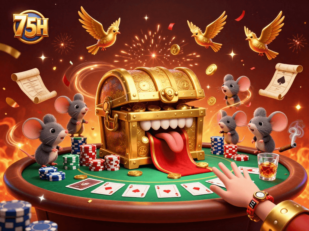75H traz uma ilustração 3D vibrante de um baú de tesouro, com elementos de poker e cassino.