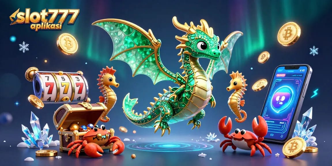 Engage in excitement with slot777 aplikasi as emerald sea dragon guard treasures amidst vibrant slot reels and crypto coins.