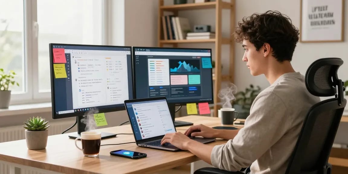 Using Telegram Web Version in a modern home workspace, showcasing productivity.