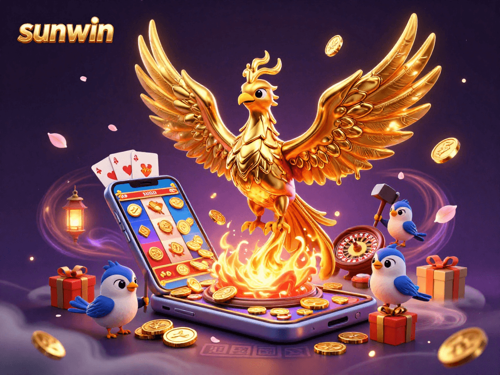 Activate sunwin's gaming skills with this vibrant 3D illustration of a phoenix and a slot game.