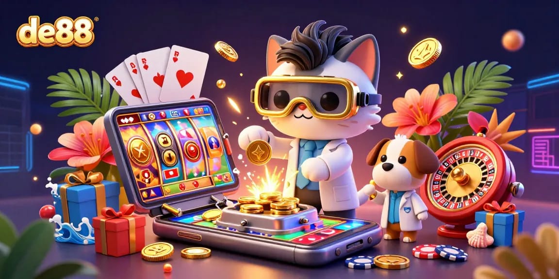 Experience thrilling gameplay with de88 as vibrant slot games and gold coins burst from action-packed scenes.