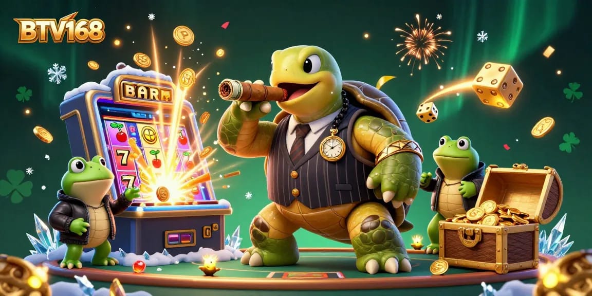 BTV168 showcases a vibrant 3D casino scene with a turtle mobster, bullfrog enforcers, and jackpot elements