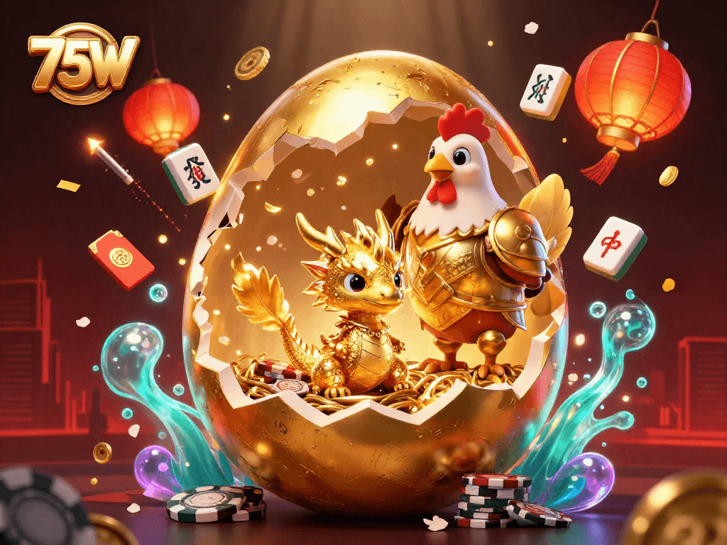 Aproveite os ganhos no cassino 75W com um dragão de ouro e fichas de poker na ilustração.