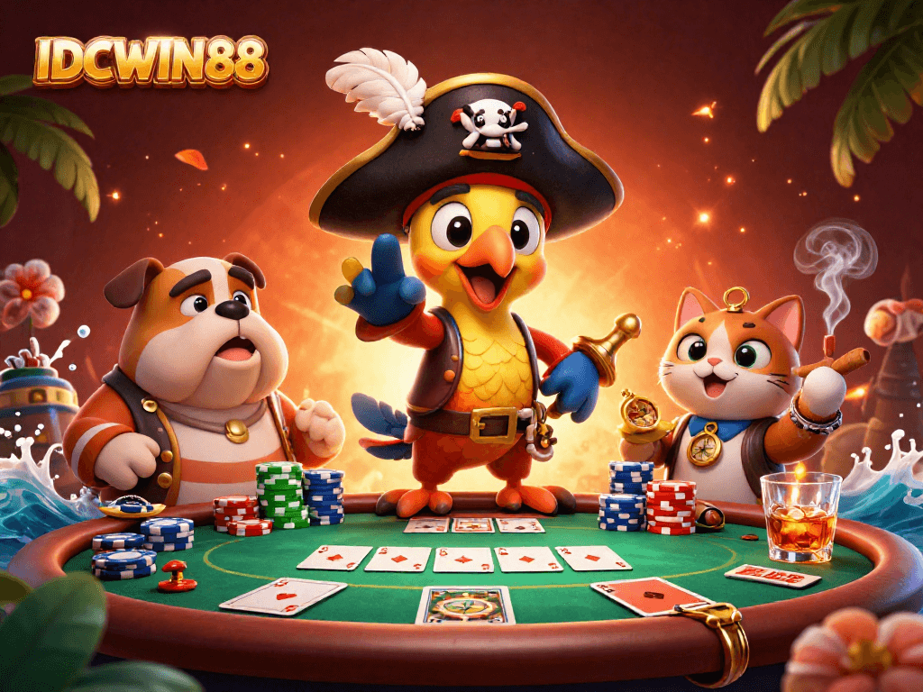 Engage with thrilling poker action at IDCWIN88 featuring pirates, poker chips, and vibrant characters.