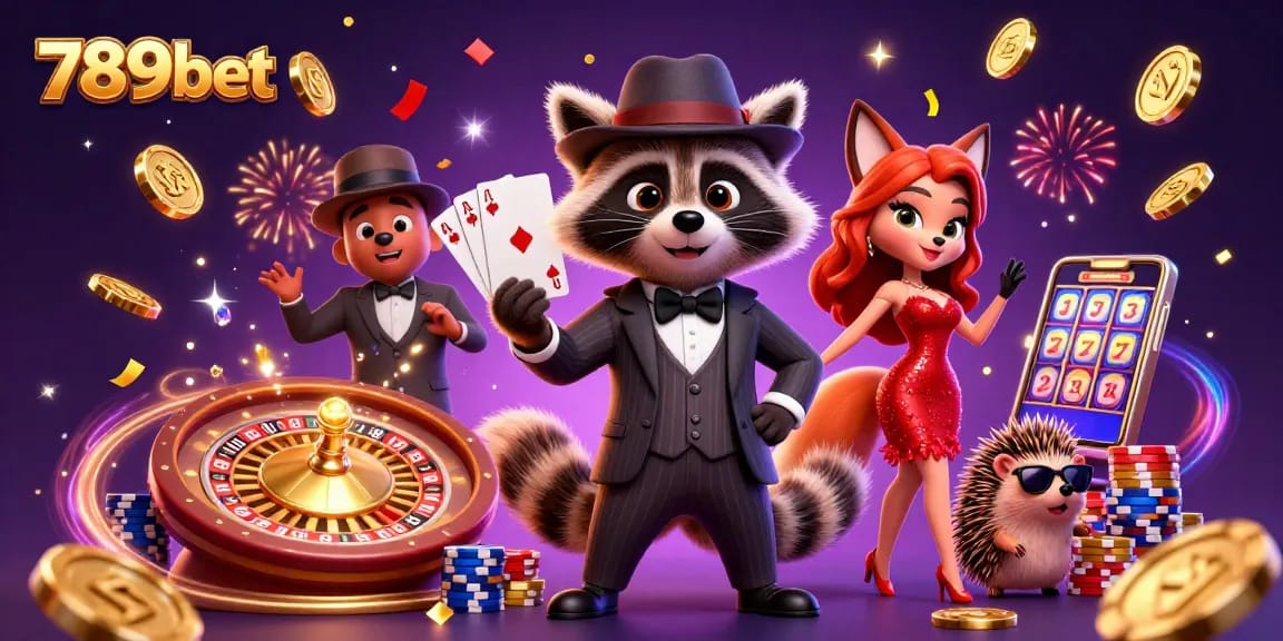 Win big with 789bet at this lively casino scene featuring a raccoon, fox, and hedgehog!