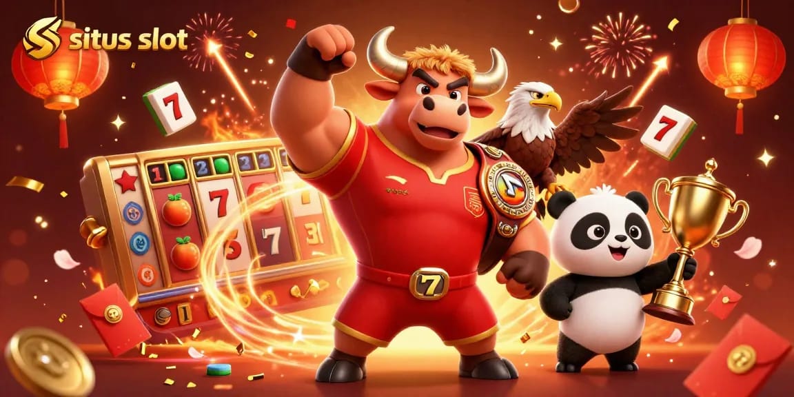 Situs slot highlights thrilling wins with 3D mascot celebrating amidst vibrant casino elements.