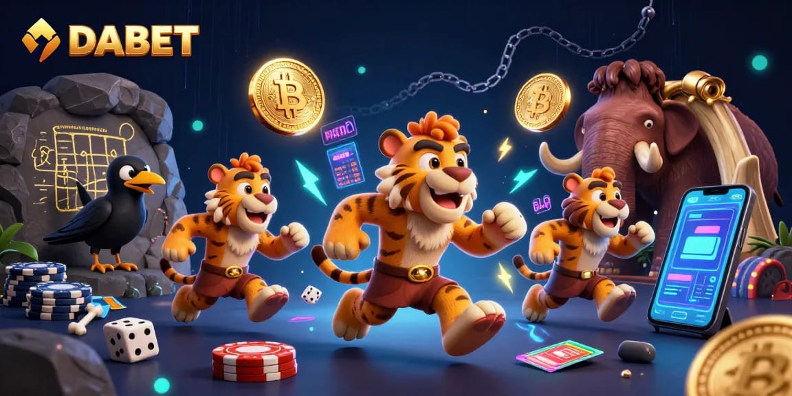 DABET offers players an engaging experience with a lively prehistoric casino featuring vibrant scenes and colorful game elements.