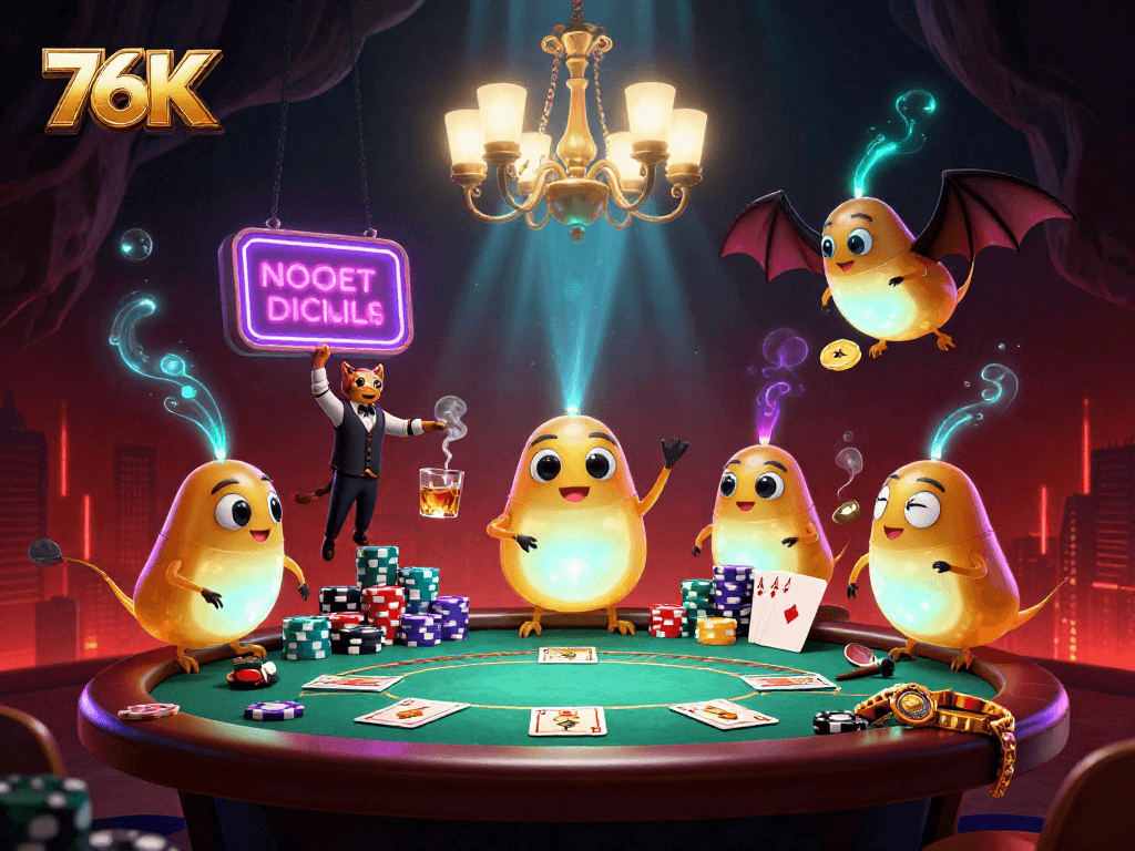 74K traz a emoção do poker com um dealer morcego em um cassino iluminado por vaga-lumes.