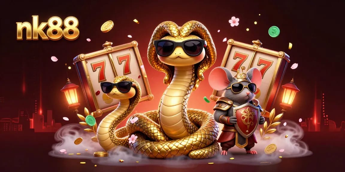 Play exciting slot games with nk88 featuring a cute Medusa and warrior mouse in a vibrant atmosphere.