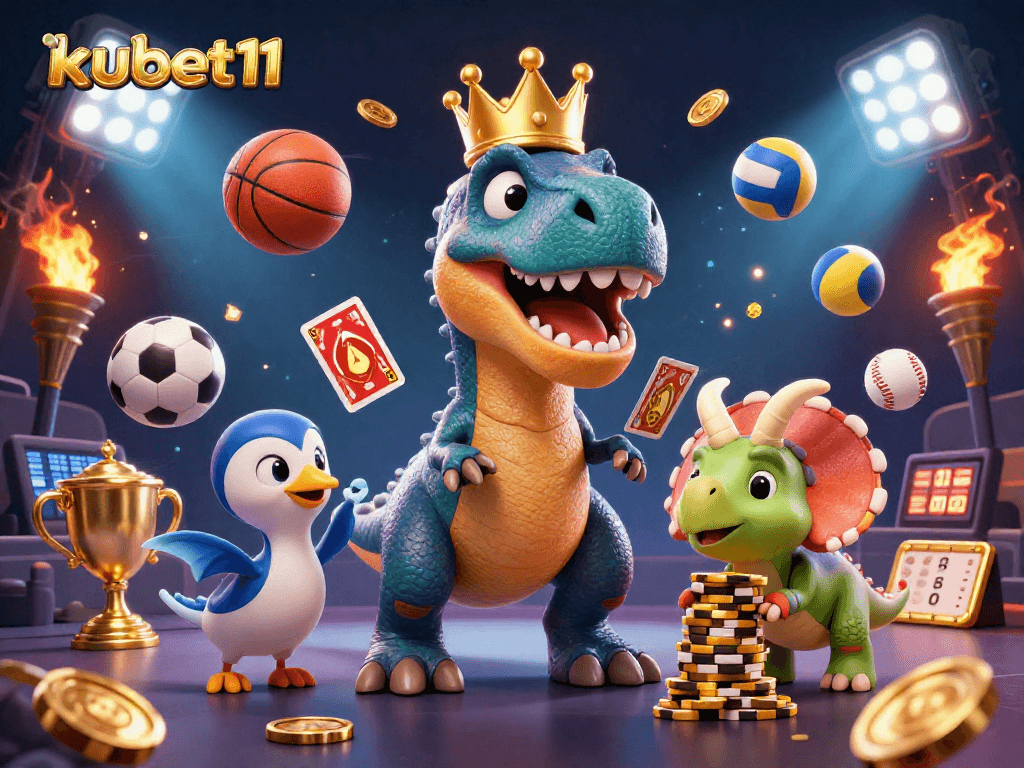 Kubet11 players enjoy gaming fun with a cheerful T-Rex shuffling cards and friends stacking chips.
