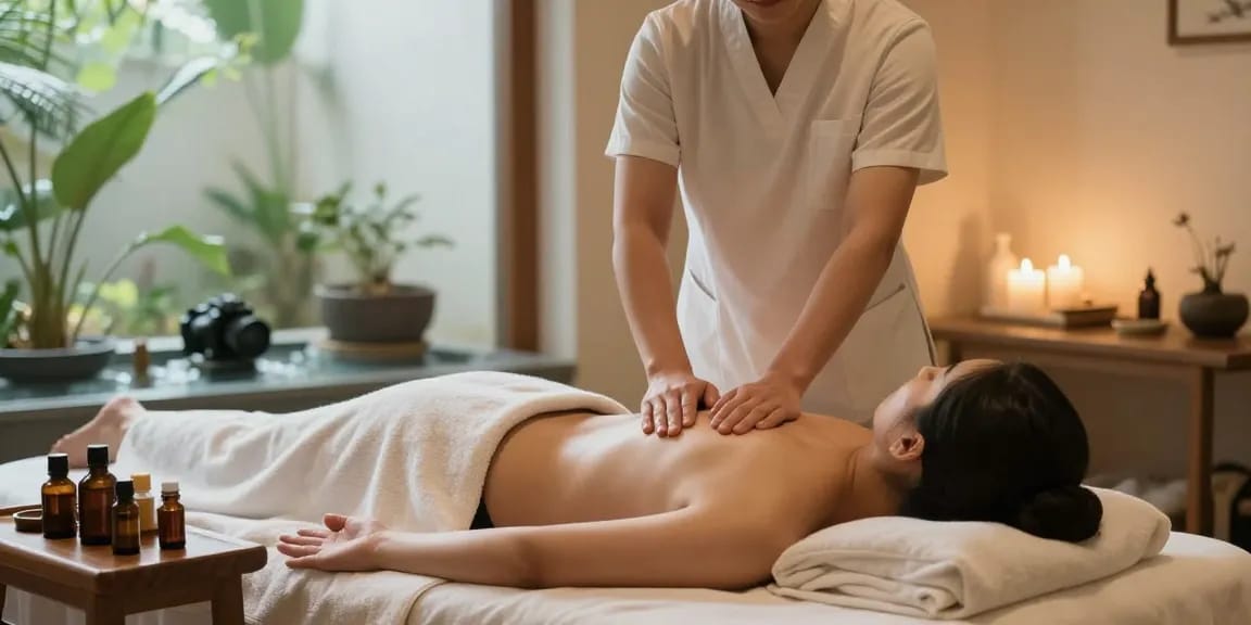 마사지 테라피를 받는 고객과 편안한 스파 환경을 보여주는 이미지