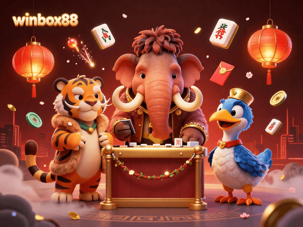 Experience the vibrant and dynamic world of winbox88 with a woolly mammoth bouncer and VIP guests in an exciting casino scene.