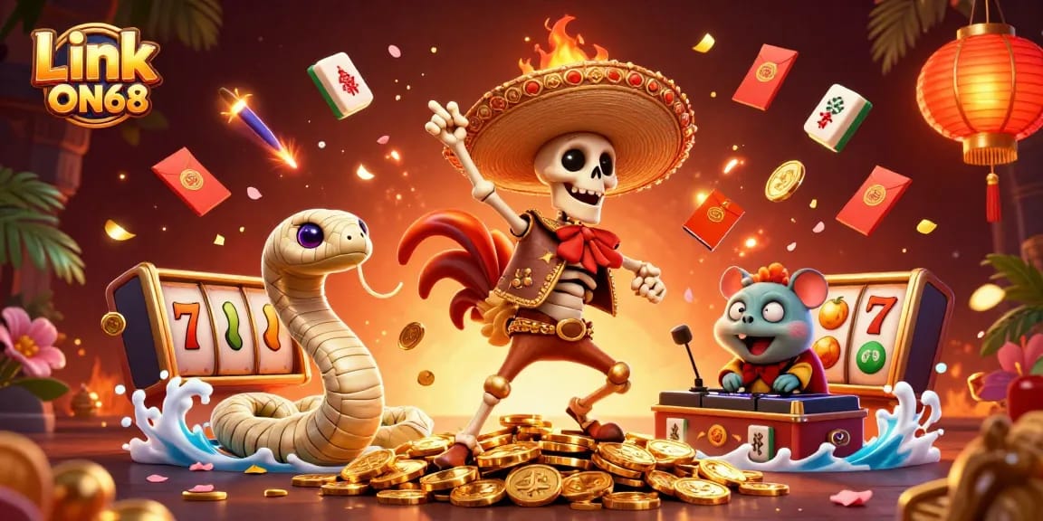 Spin to win with Link ON68 in a vibrant casino scene featuring lively characters and gold treasures.