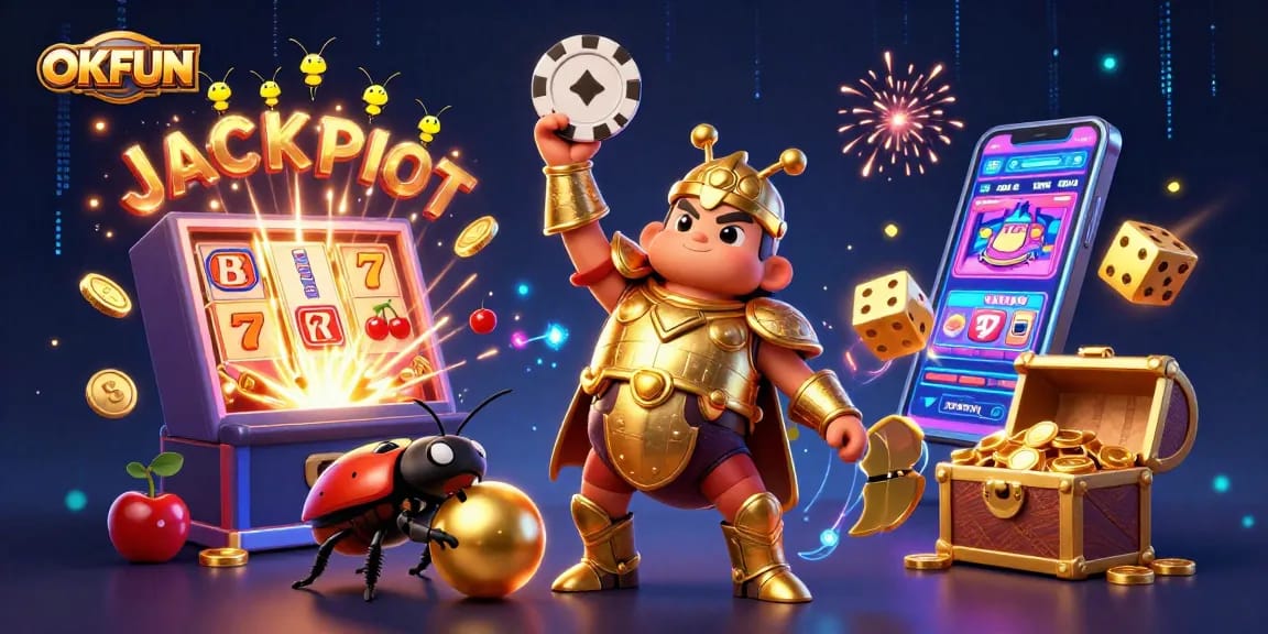 Win big with OKFUN by achieving the jackpot in a vibrant 3D casino scene filled with excitement.