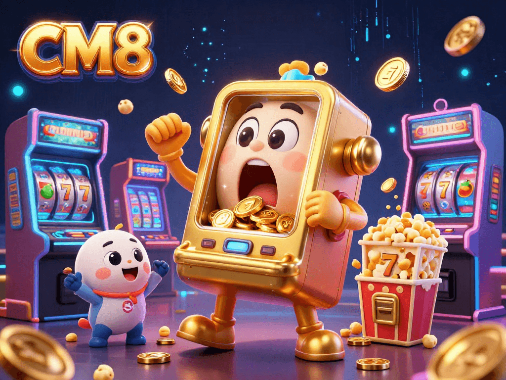 CM8 slot machine hits jackpot, showering coins amidst lively arcade elements.