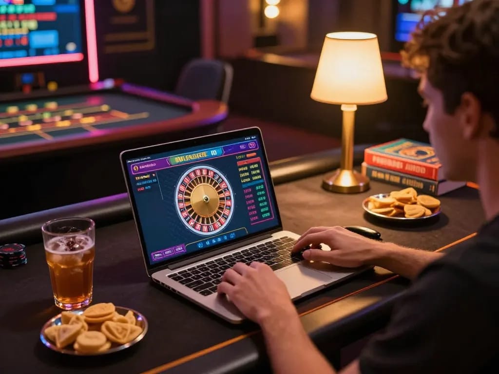 Engaging in online roulette gaming with sunwingo on a laptop in a cozy home setting.