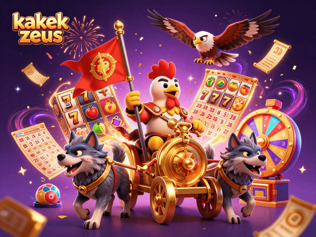 Spin to win with kakek zeus in this vibrant, energetic casino illustration showcasing slot elements.