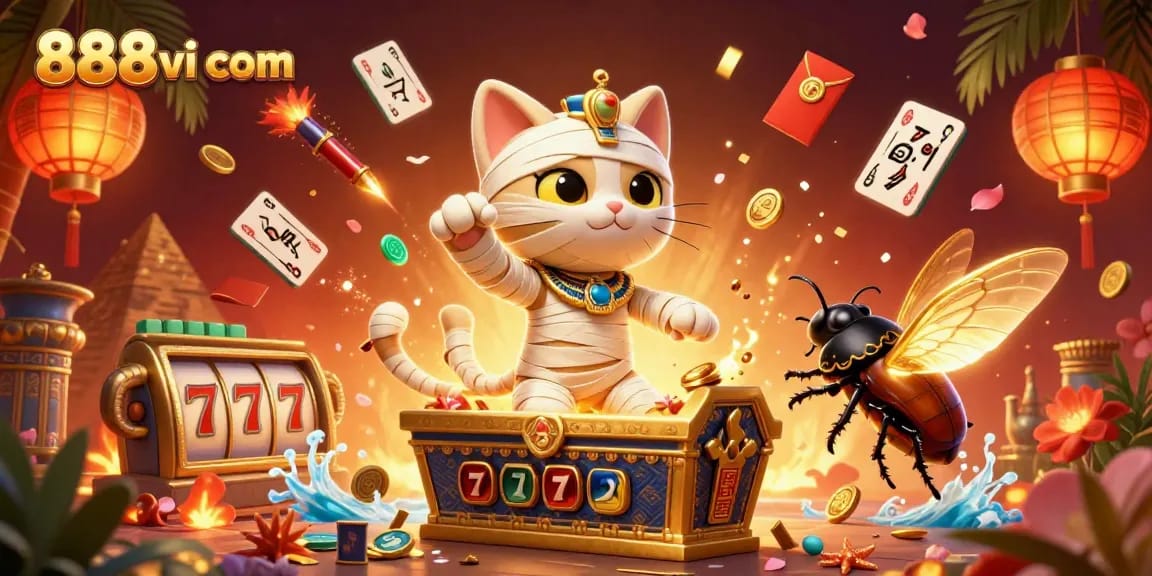 Engage in exciting gaming with 888vi com featuring a mummy cat in a vibrant pyramid casino illustration.