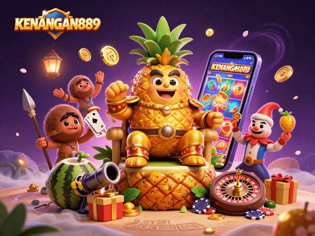 Experience gaming excitement with KENANGAN889 at a vibrant beach casino featuring a golden pineapple king.